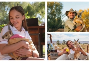 Three people are holding a kangaroo or joey in a collage of photos.